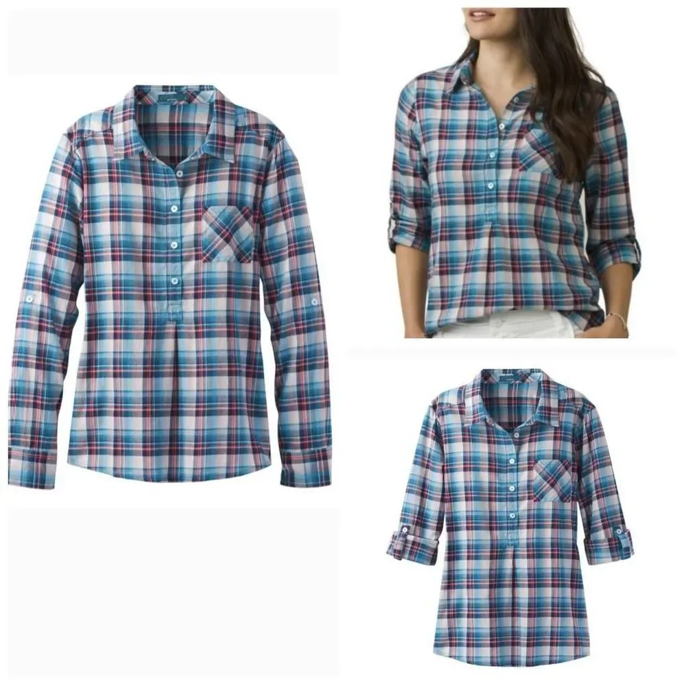 PRANA GINA Plaid 3/4 Placket Rolled Up Sleeves Shirt